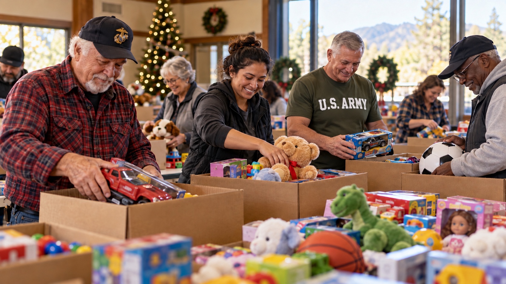 Community volunteers sorting new toys for a holiday toy drive